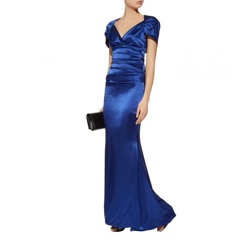 TALBOT RUNHOF Blue Enzian Satin Polinesia-1 Satin Capelet Gown 6 US S 36